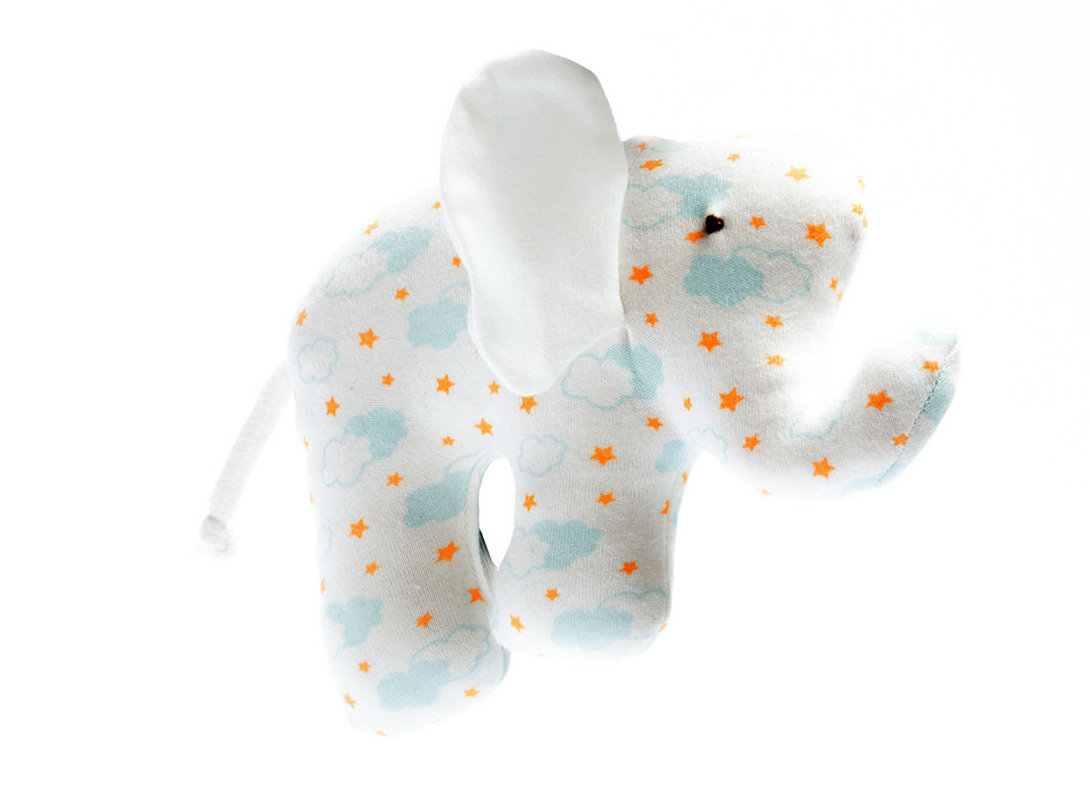 Organic Cotton Scrappy Elephant Baby Toy orange Stars and blue Clouds patterned fabric